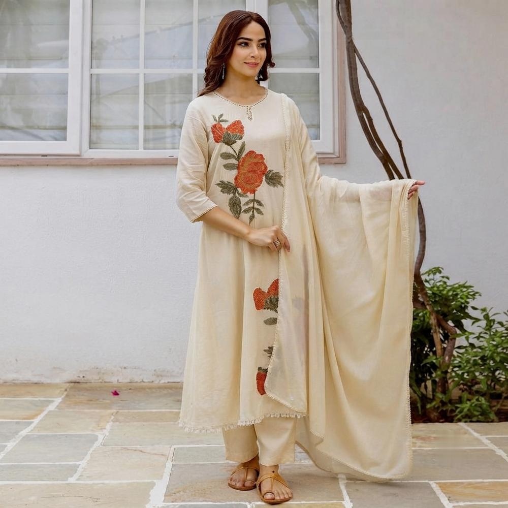 Premium Mul Cotton Embroidered A-Line Kurta Pant Dupatta Set for Women
