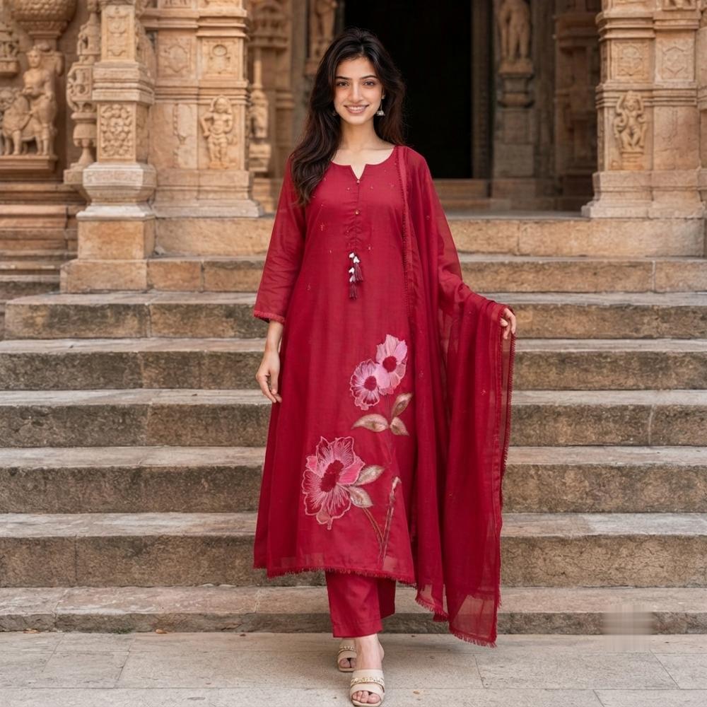 Premium Mul Cotton Embroidered A-Line Kurta Pant Dupatta Set for Women