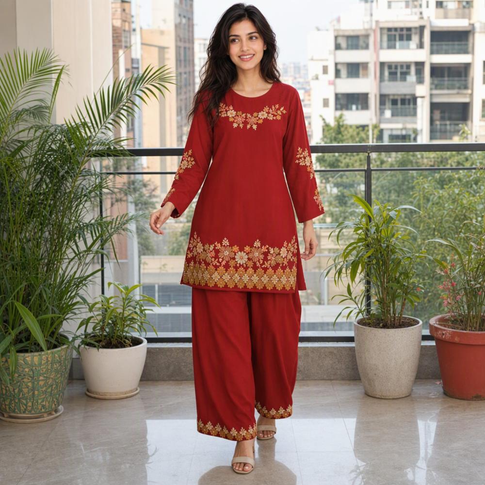Women's Cotton 60x60 Thread Embroidered Kurti and Palazzo Co-Ord Set