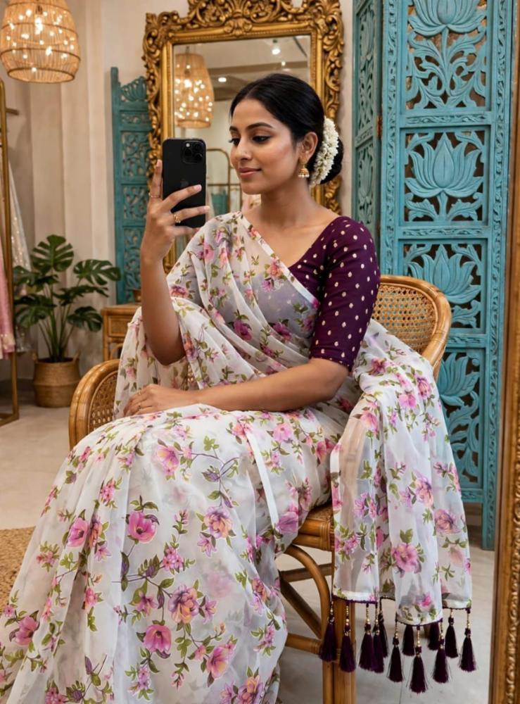 Brasso Saree with Jhumka Print and Linen Blouse!