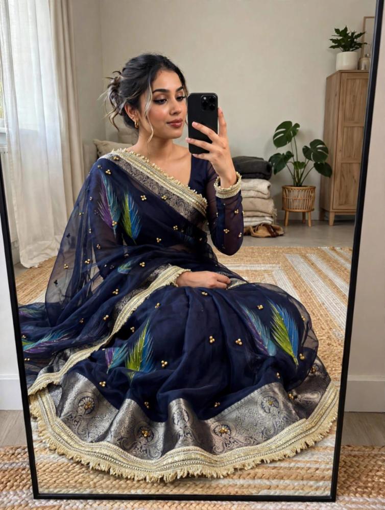 Organza Silk Ghungroo Saree with Banarasi Border & Embroidery!