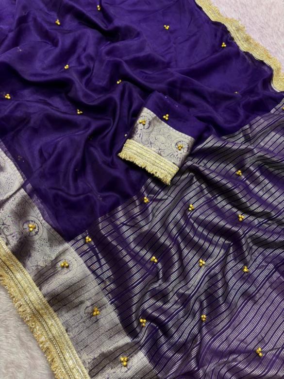 Premium Purple Organza Silk Ghungroo Saree with Banarasi Border & Embroidery Lace Work