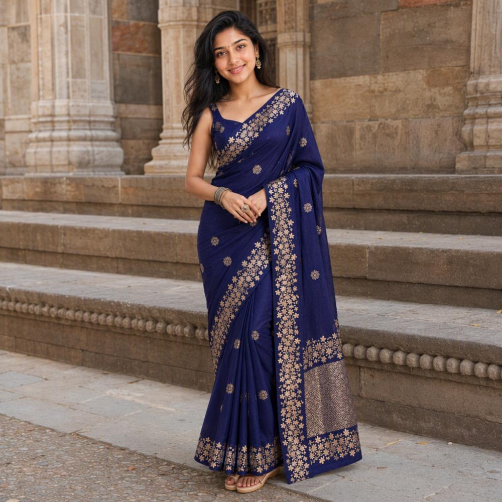 Navy Blue Floral Motif Printed Saree with Golden-Beige Border
