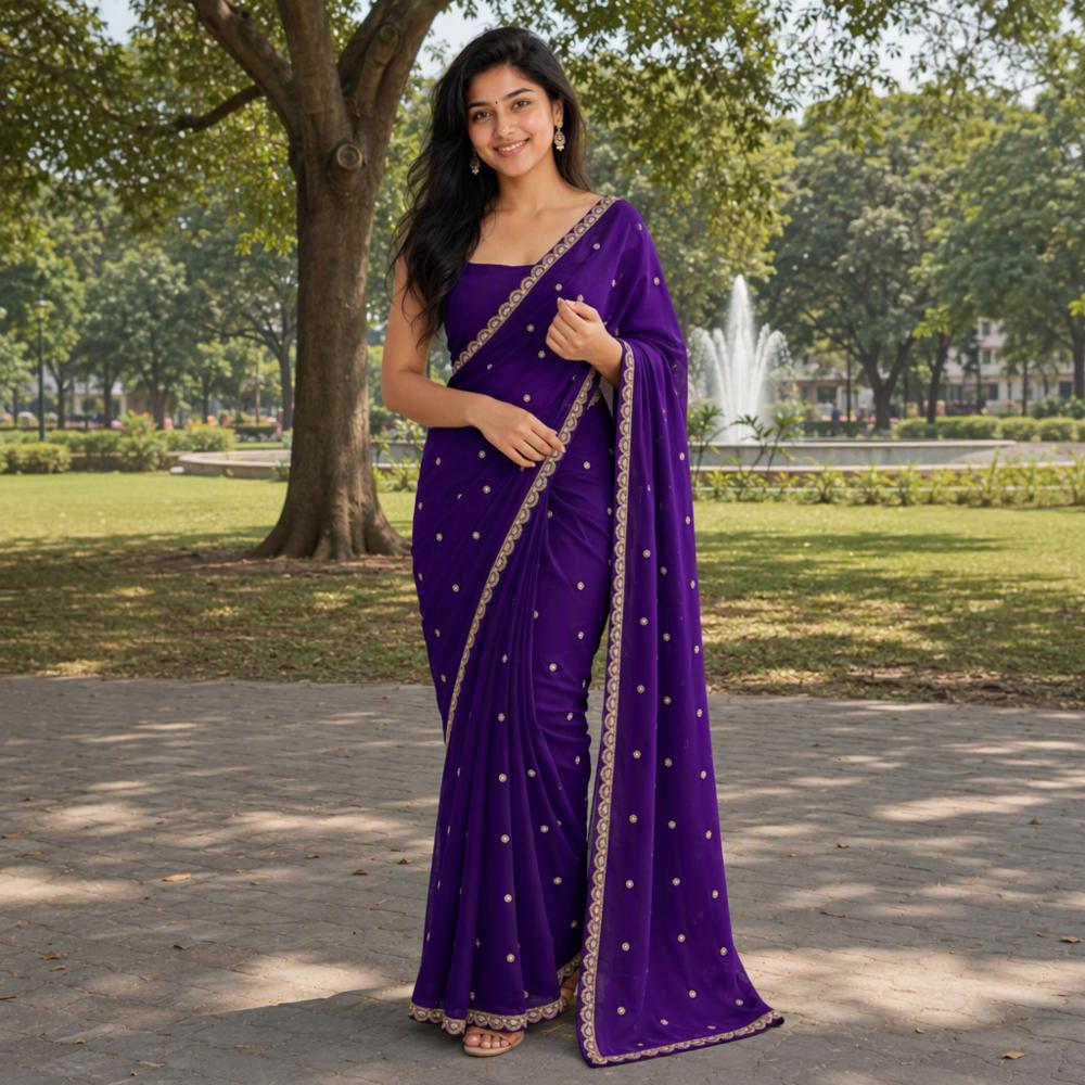 Royal purple saree with butti print and decorative border