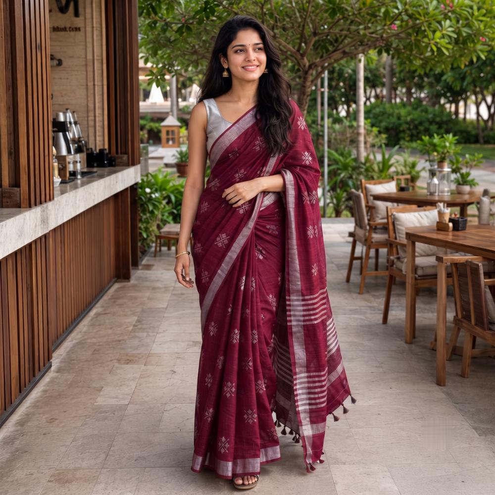 Elegant Maroon Khadi Silk Cotton Saree with Silver Zari Motifs