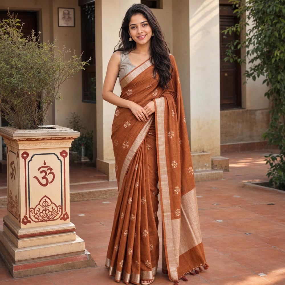 Traditional Rust-Brown Khadi Cotton Silk Saree with Silver Zari Buttas