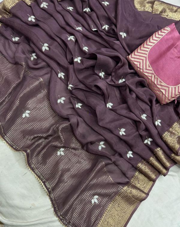 Pure H.O. Silk Jari Saree With Lahriya Blouse and Handwork Motifs