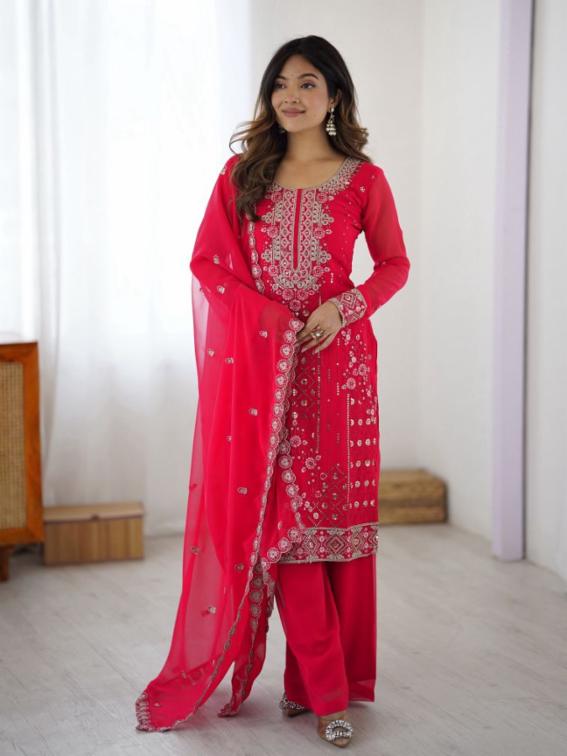 Faux Georgette Embroidered Suit Set with Plazoo Pant and Dupatta