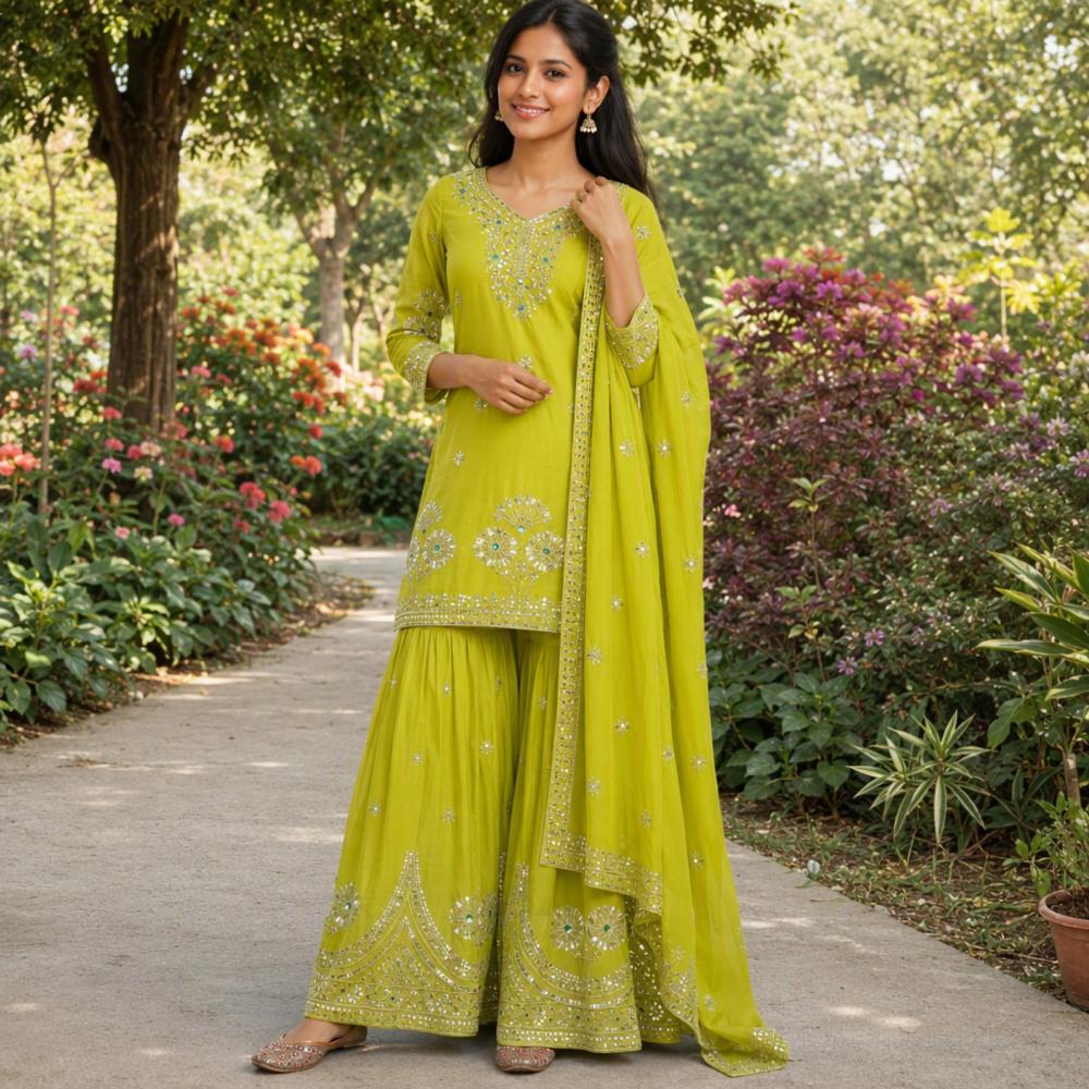 Pure Satin Silk Embroidered Sharara Suit Set with Dupatta