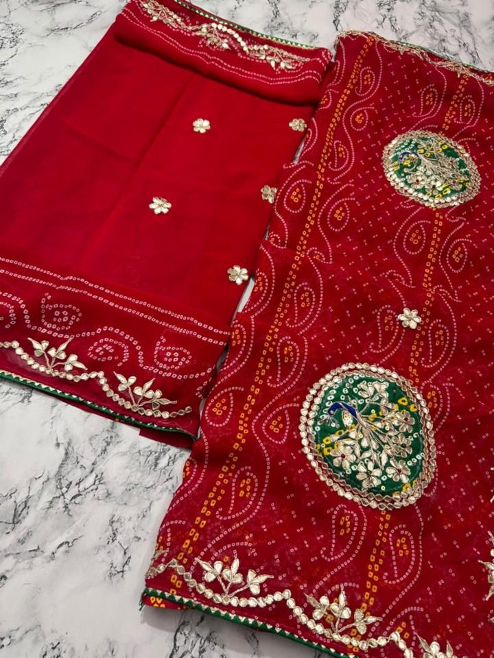 Red Georgette Bandhej Saree with Gota Patti Work