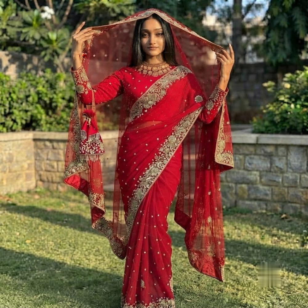 Women's Premium Red Rangoli Silk Saree with Sequin Embroidery, Blouse & Dupatta