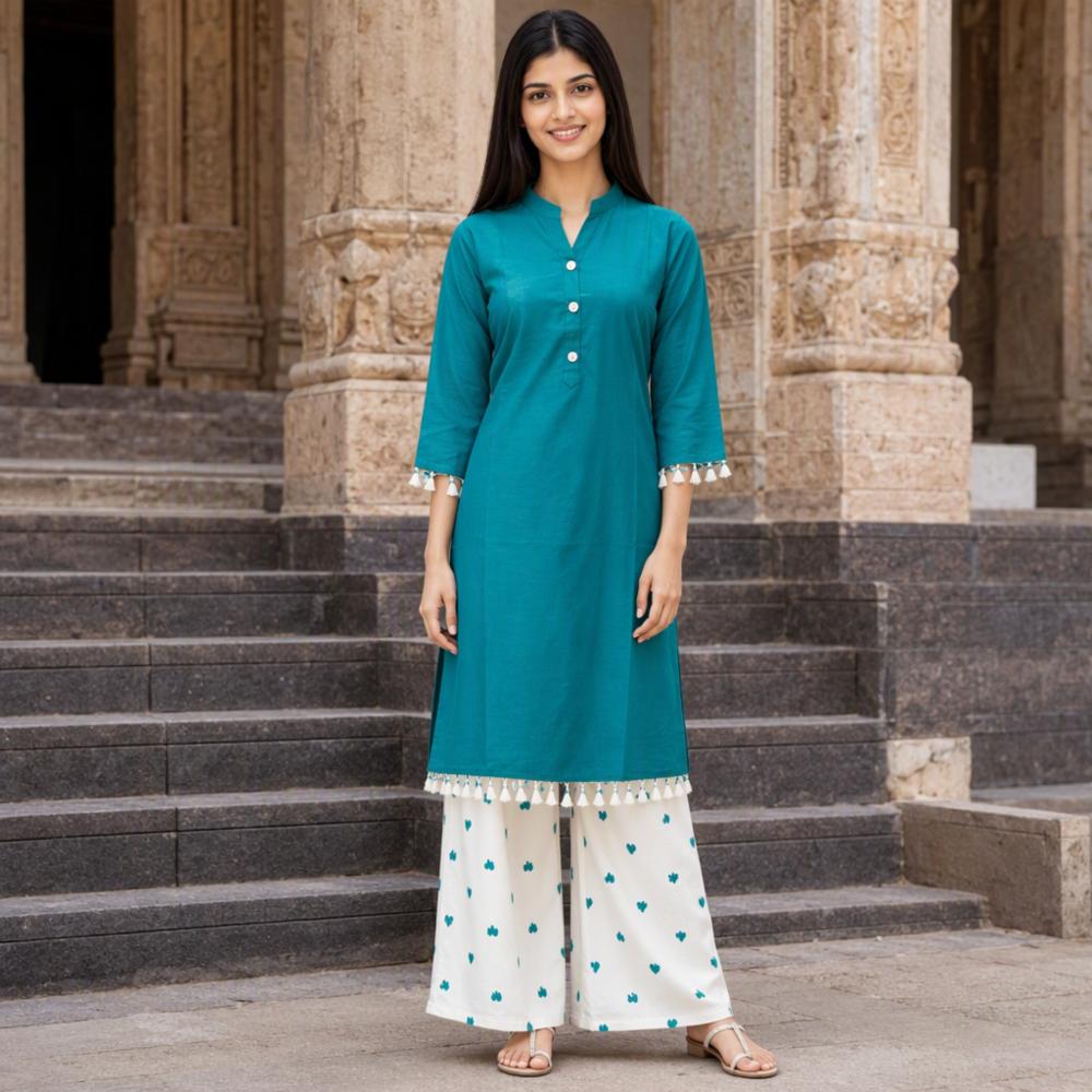 Cotton Stitched Farshi Cordset with Kurti and Heart Print Bottom