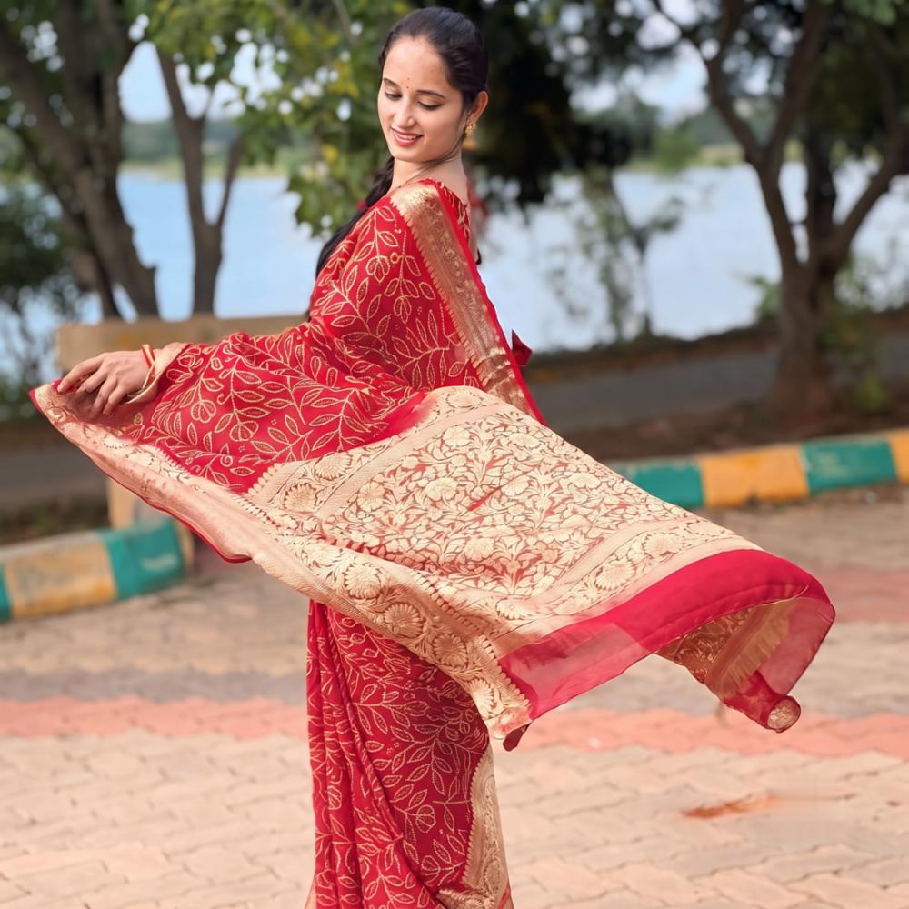Premium Red Bandhani Kanjivaram Soft Silk Saree with Heavy Zari Pallu