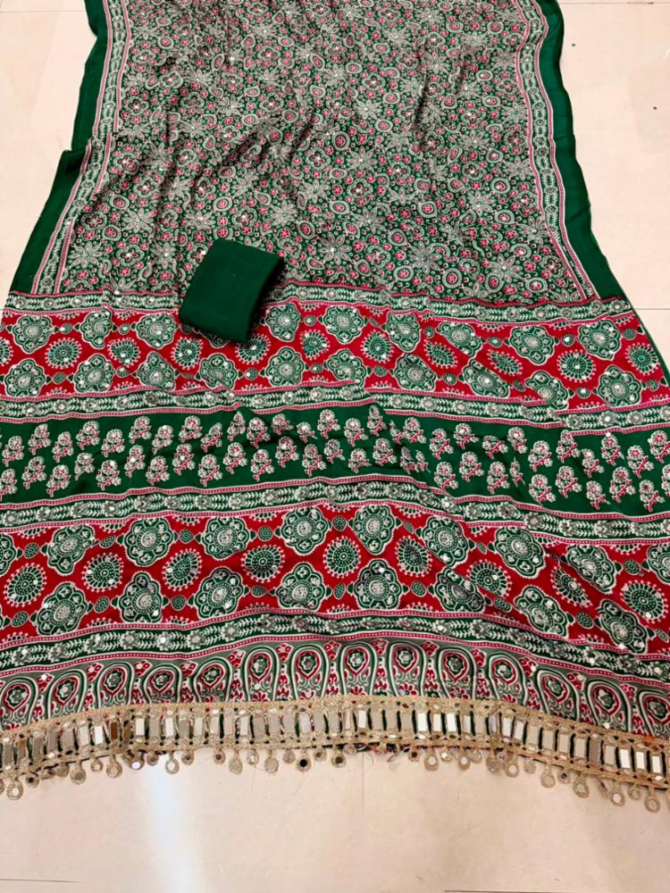 Pure Ajrakh Print Japan Satin Viscose Silk Saree with Designer Mirror Work
