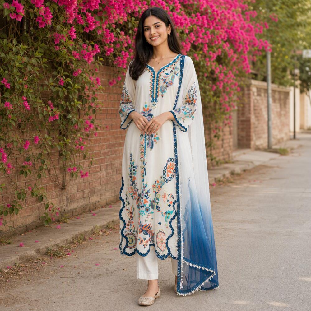 Pakistani-Inspired Rayon Cotton Kaftan Style Embroidered 3-Piece Set