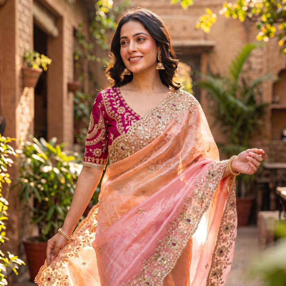 Women's Soft Space Silk Shaded Saree with Sequins, Zari Embroidery & Hand Mina Work