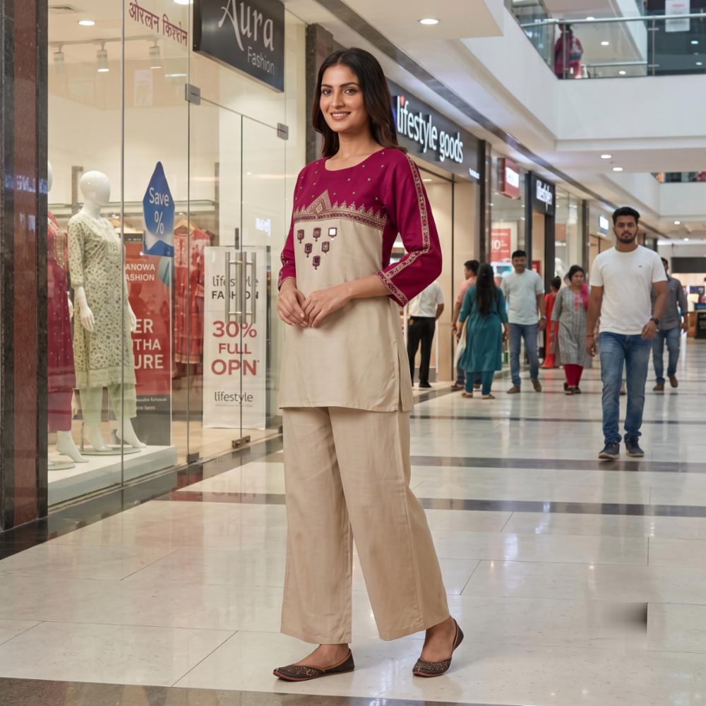 Premium Cotton 60X60 Co-Ord Set for Women - Printed & Embroidered 3/4 Sleeve Top with Wide-Leg Pants