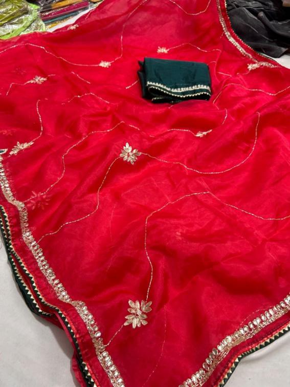 Premium Organza Saree with Handwork Motifs and Blouse