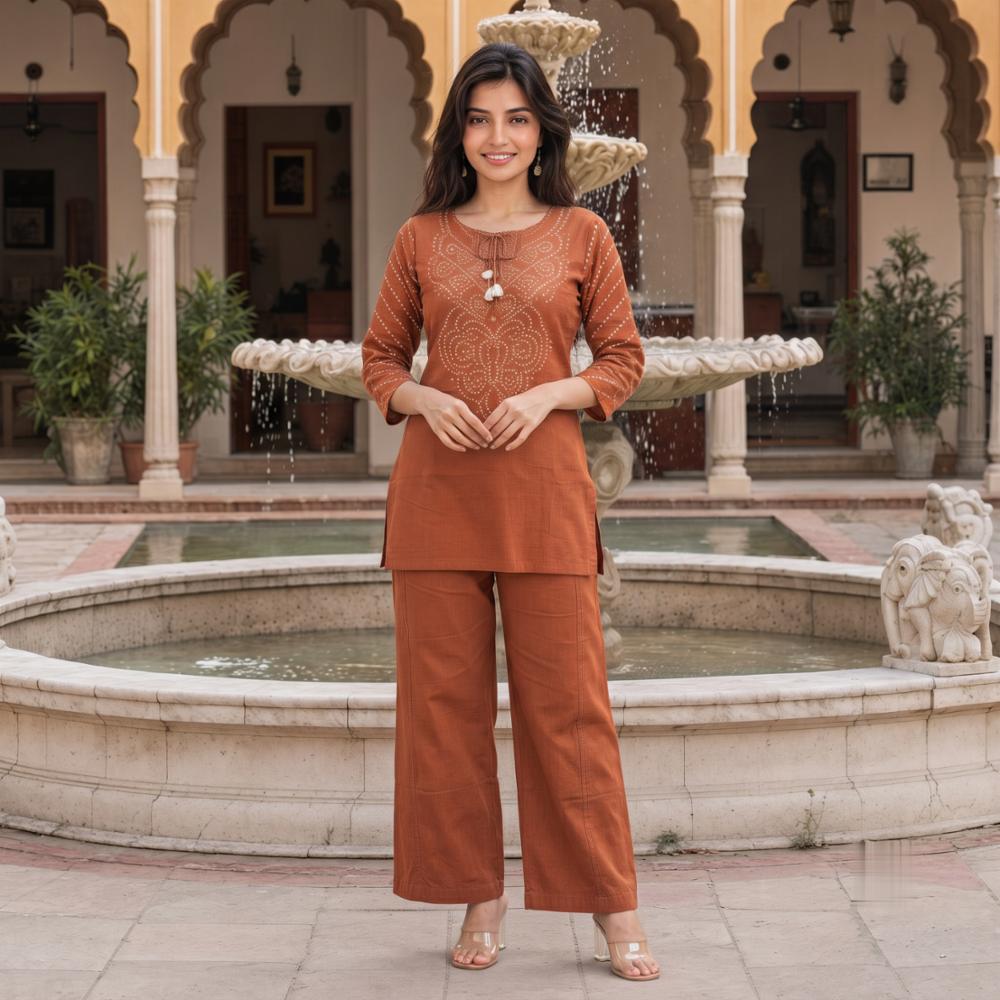 Womenâs Premium Cotton 60x60 Bandhani Print Co-Ord Set with Kaudi Tassel Detail