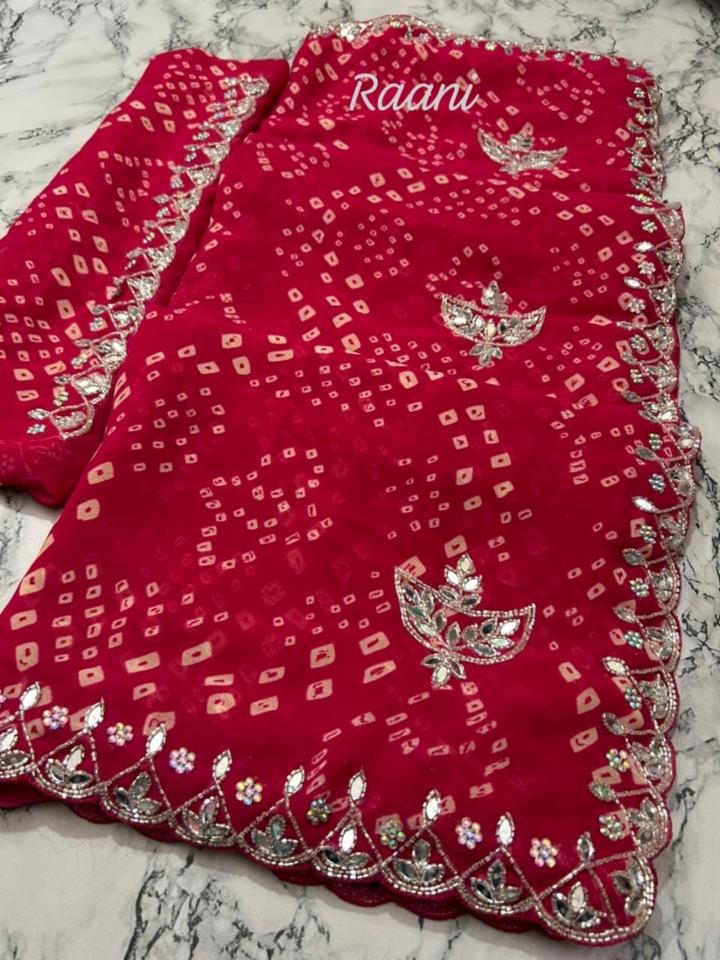 Red Synthetic Georgette Bandhej Saree with Handwork 