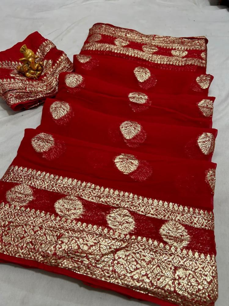 Pure Georgette Red Saree with Zari Work and Blouse