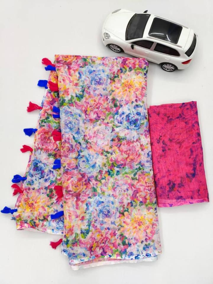 Linen Saree with Digital Print and Latkan Work