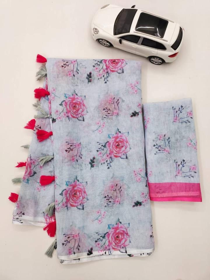 Linen Saree with Digital Print and Latkan Work