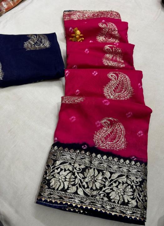 Rasian Dola Silk Zari Saree with Hand Bhandhej and Contrast Blouse