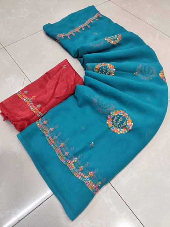 Women's Georgette Multicolor Sequin Work Saree with Unstitched Blouse