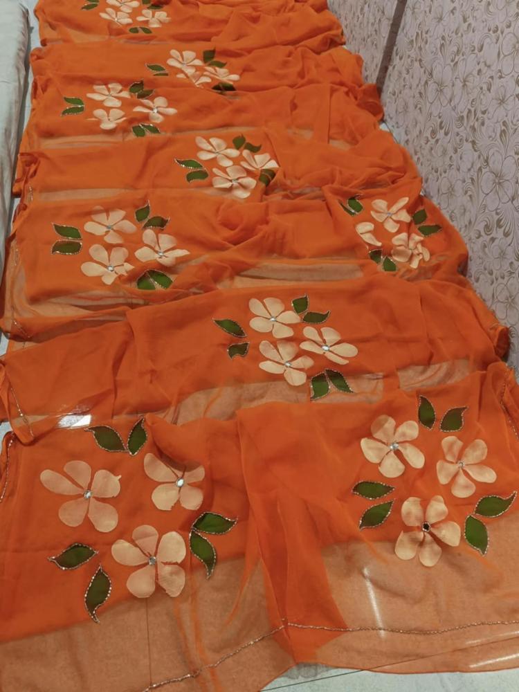 Semi Chiffon Brush Print Saree with Handwork