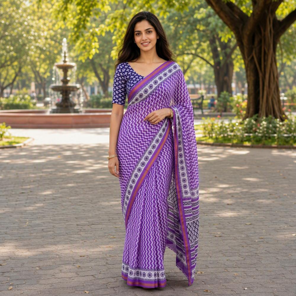 Premium Muslin Cotton Saree with Zari Border | Purple & White Office Wear Saree
