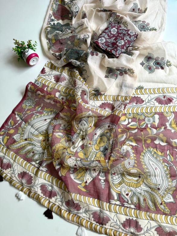 Arkia Soft Cotton Linen Floral Digital Print Saree with Mirror Work and Printed Blouse