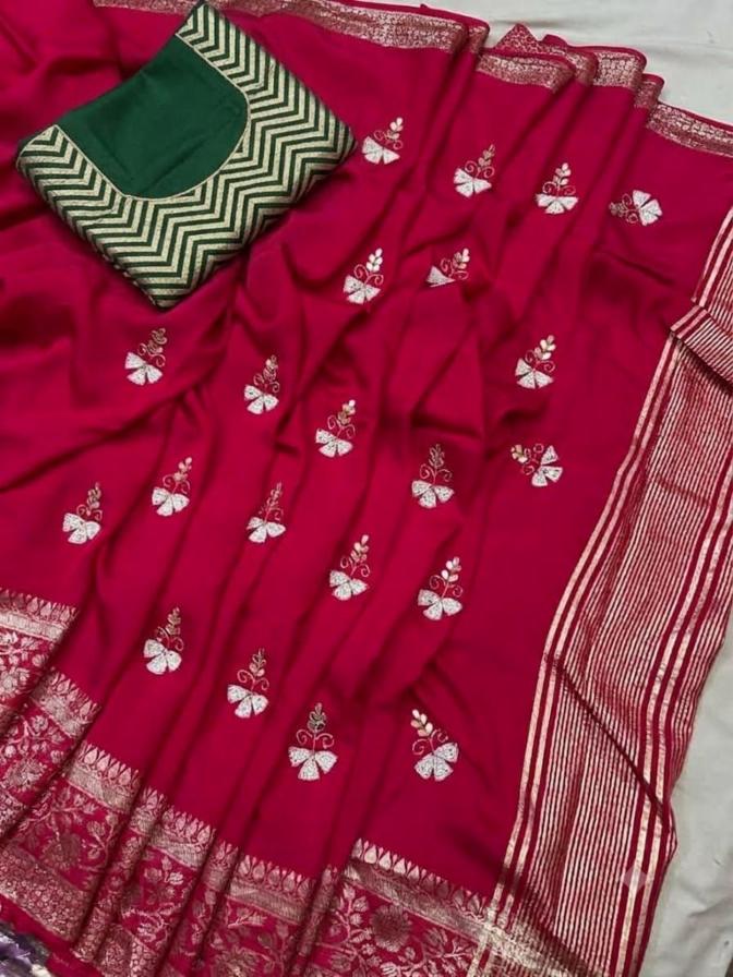 Pure Rasian Silk Zari Saree with Moti Work and Contrast Blouse