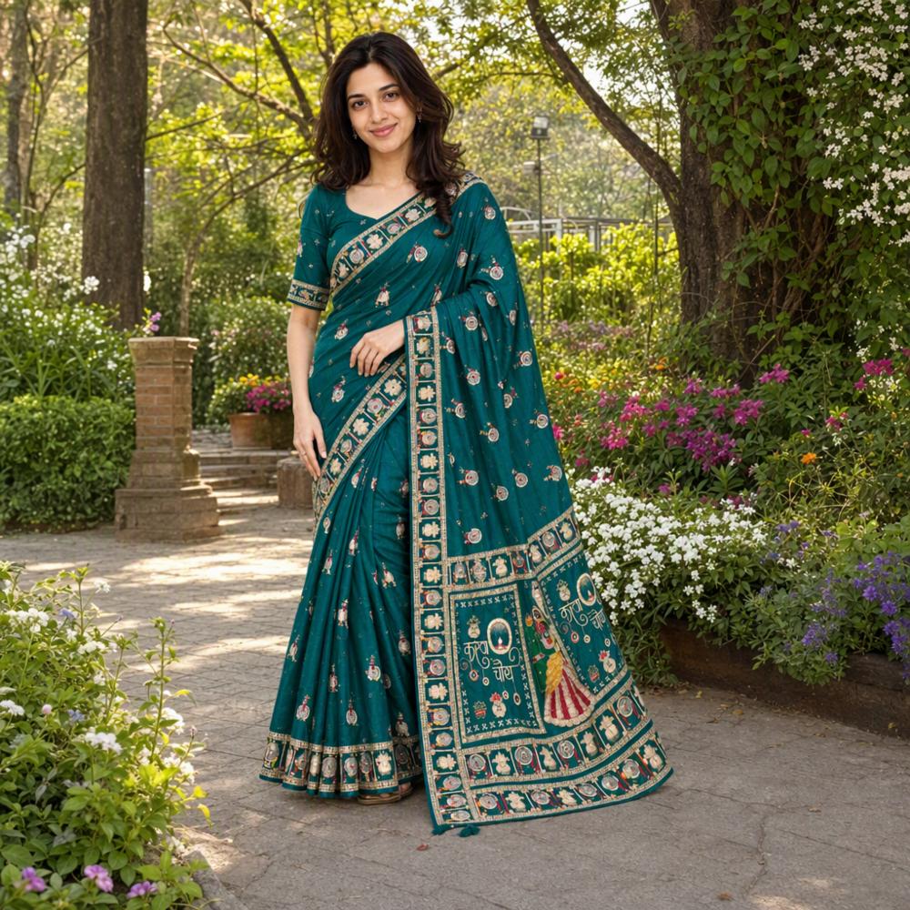 Karwa Chauth Special Premium Dola Silk Saree with Mirror, Beads & Tassels