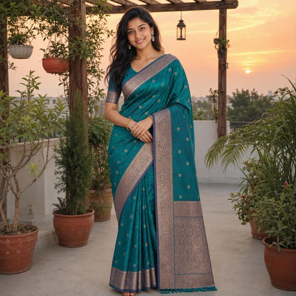 Teal Blue Banarasi Art Silk Saree with Zari Weaving and Blouse