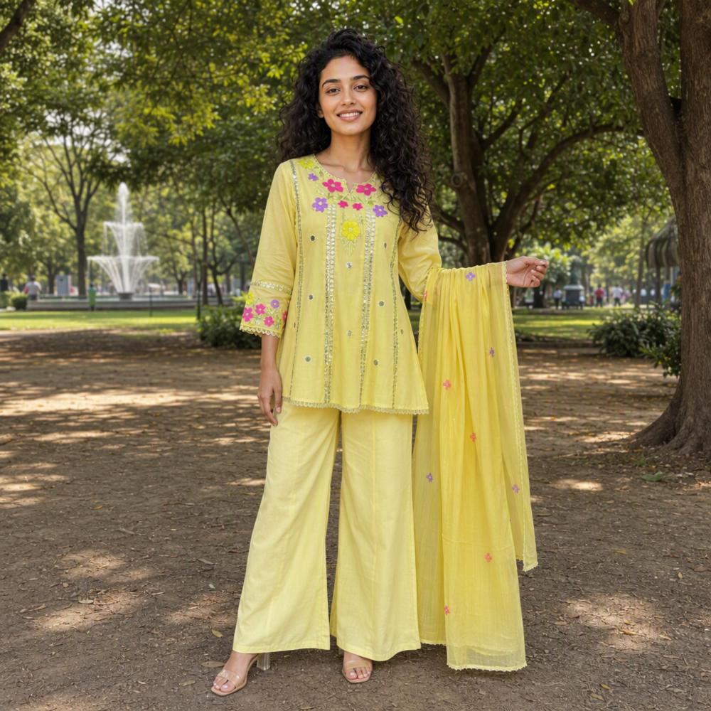 Women's Cotton Embroidered Kurta Palazzo Set with Dupatta - 3 Piece Ethnic Suit Set