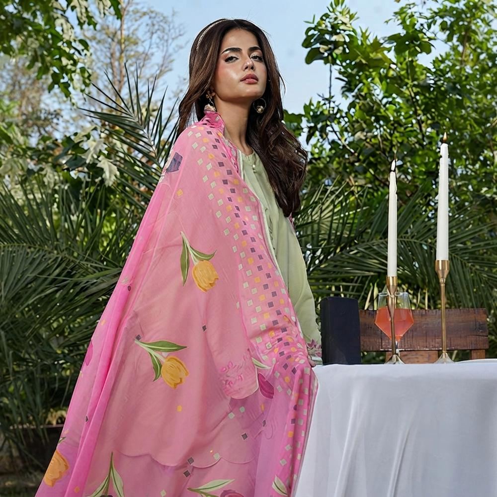 Premium Roman Silk Embroidered Kurti Pant Set with Pink Printed Dupatta for Women