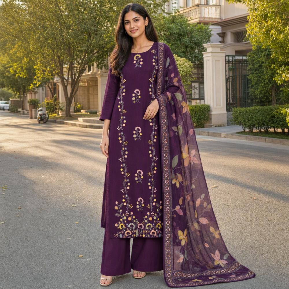 Pakistani-Inspired Premium Rayon Satin Embroidered 3-Piece Suit