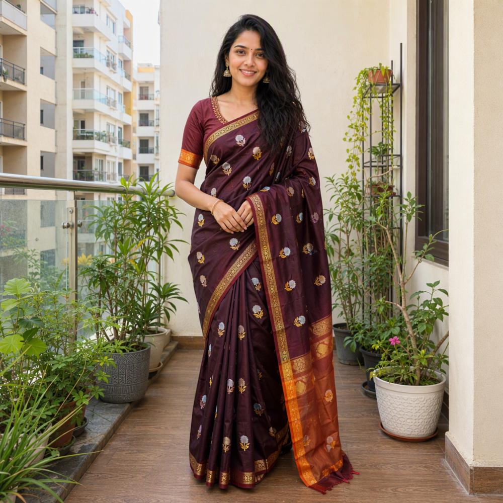 Semi Katan Silk Saree with Designer Border Garnet Color