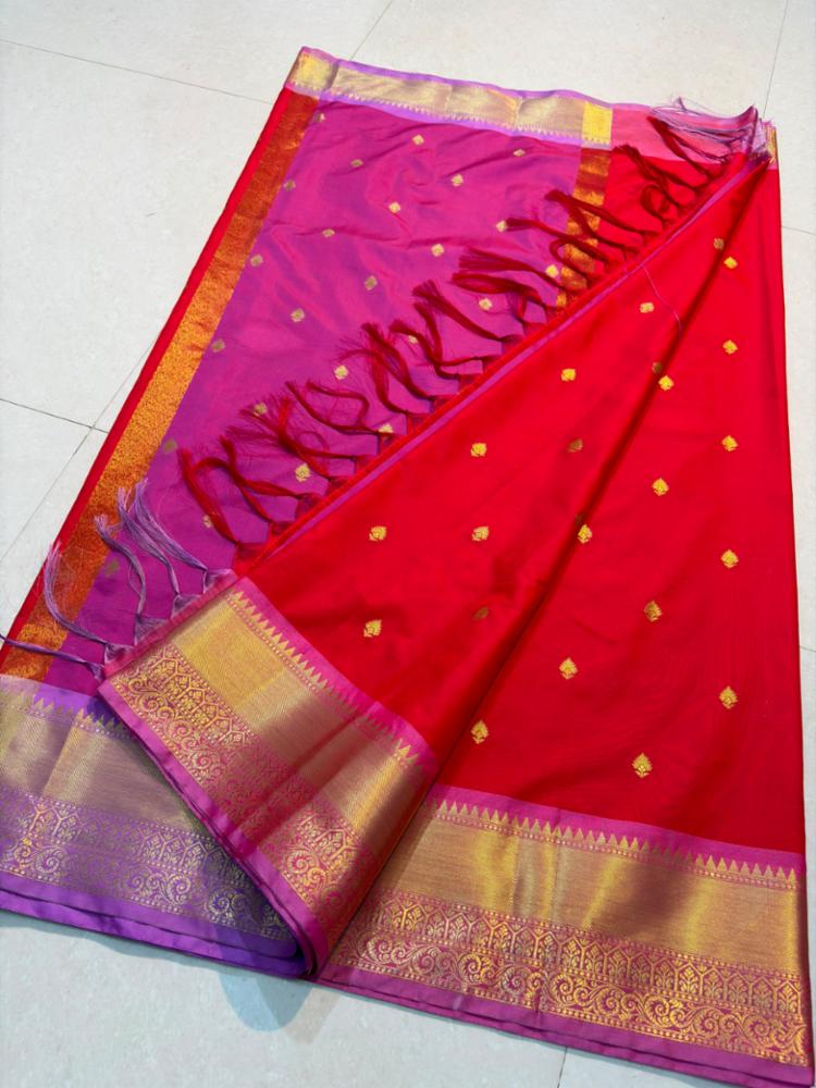 Red and Magenta Semi Silk Saree with Golden Buti and Zari Border
