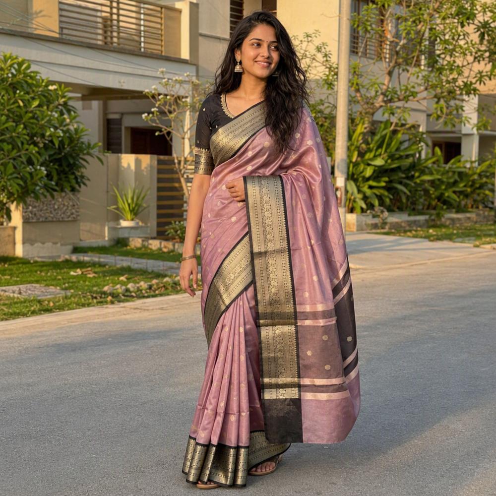 Pink Semi Katan Silk Saree with Golden Butti