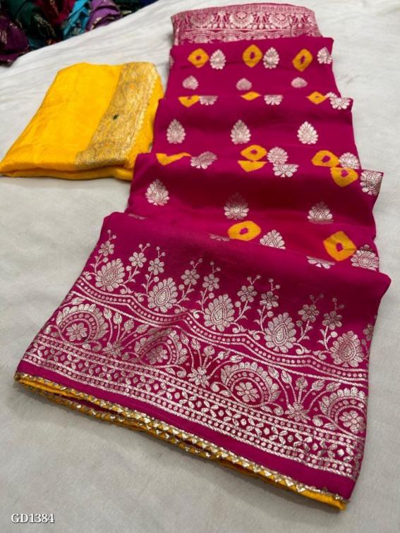 Pure Dola Silk Jaipuri Bandhej Saree with Contrast Blouse
