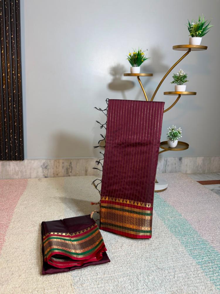 Wine Semi Katan Saree with Golden Stripes & Multicolor Border