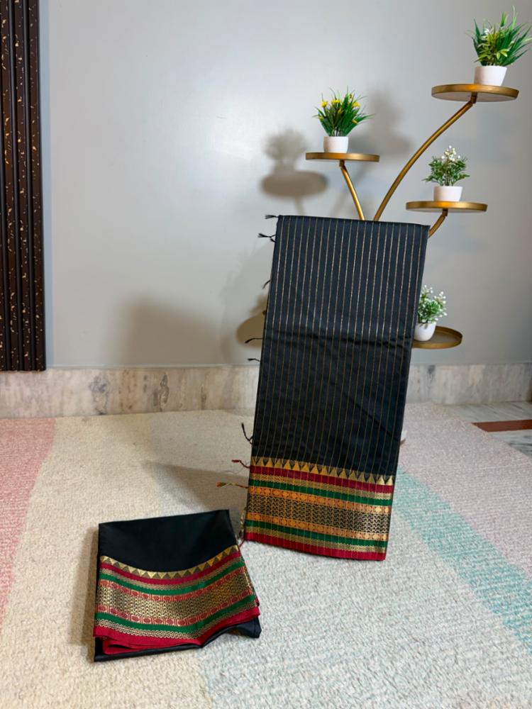 Black Semi Katan Silk Saree with Golden Zari Stripes