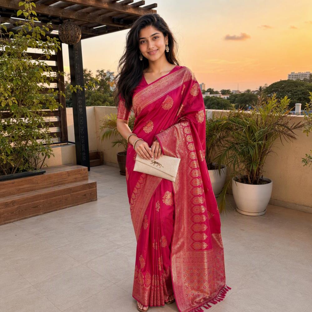Banarasi Soft Silk Saree with Zari Weaving and Blouse Piece