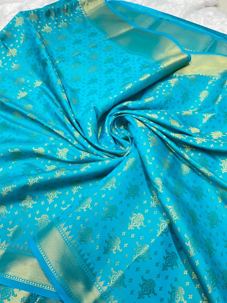 Firozi Semi Katan Silk Saree with Golden Stripes Border and Blouse