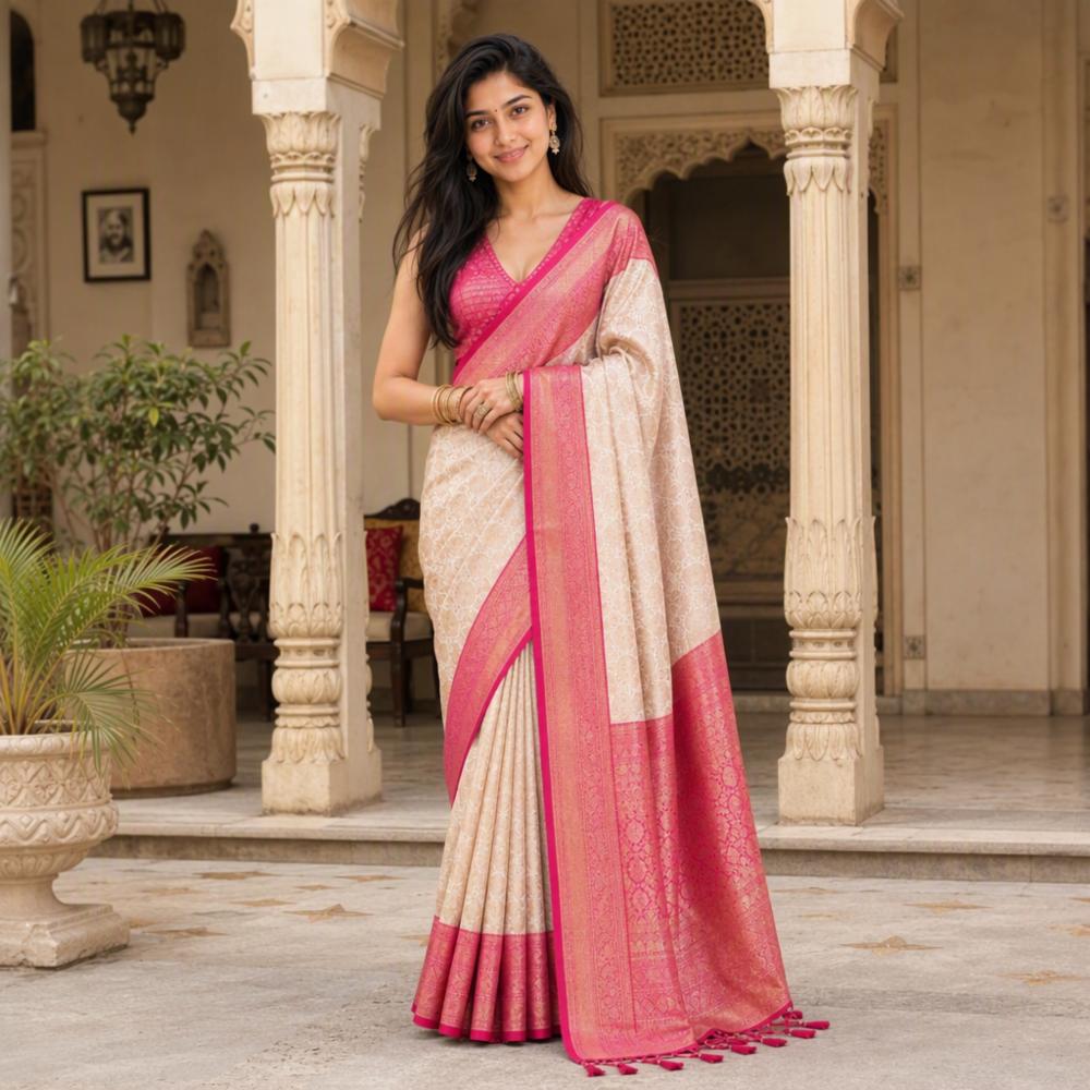 Banarasi Silk Blend Saree Off-White Cream Pink Border Festive Wear