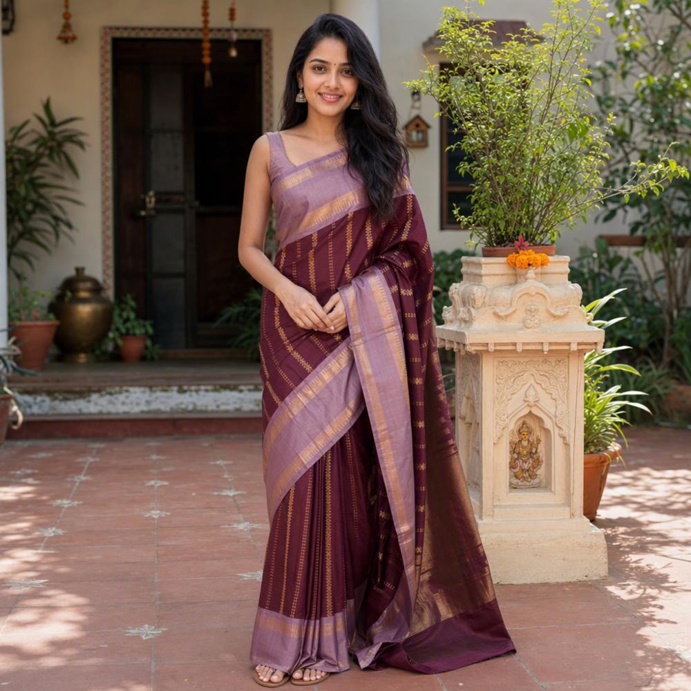 Maroon Semi Katan Silk Saree with Golden Zari Border