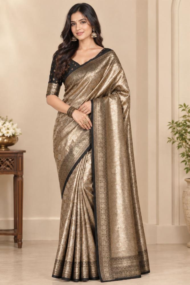 Banarasi Silk Blend Saree with Jacquard Zari Weaving and Black Blouse