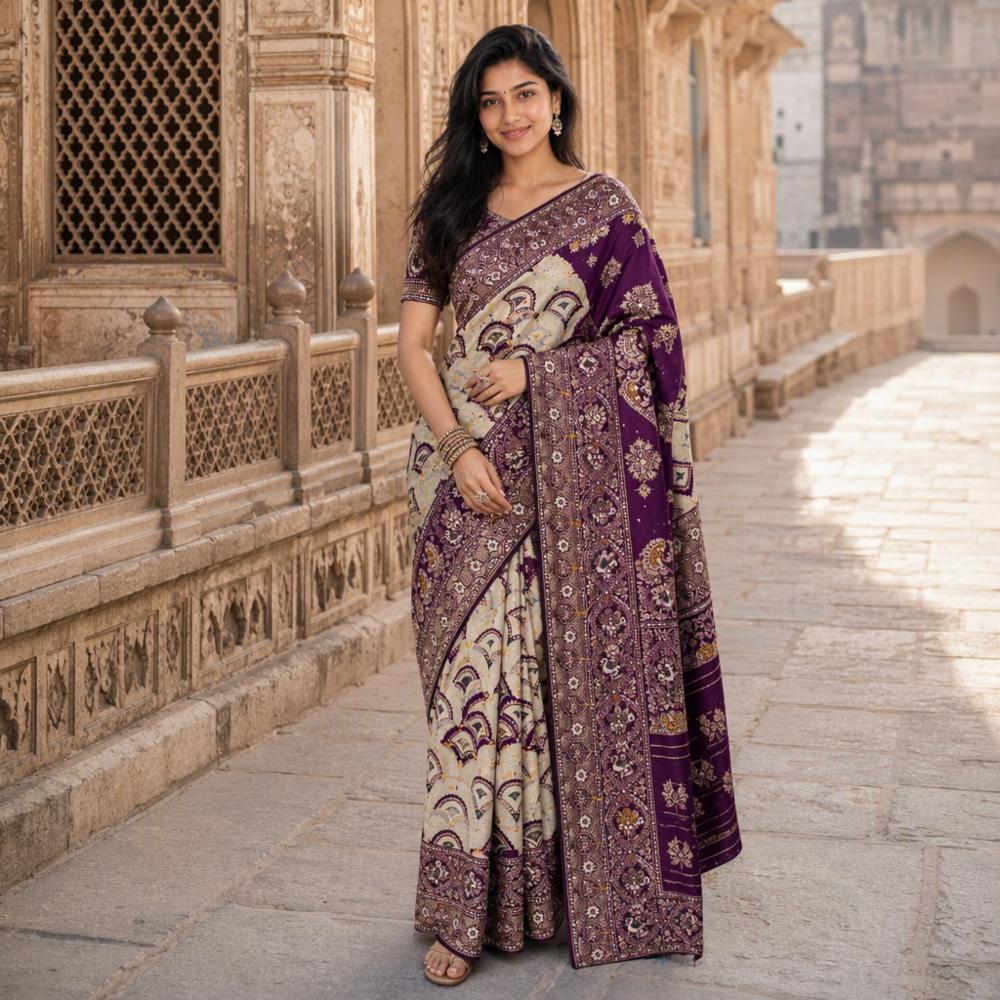 Off-White Banarasi Silk Saree with Purple Zari Border and Blouse